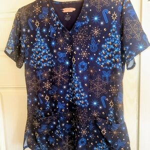 Festive Blue Womens Holiday EliteMed Stretch Scrub Top